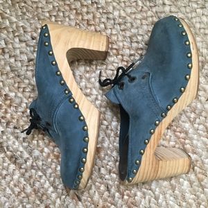 UGGLEBO Swedish Clogs Mules Heels Blue Suede Nubuck Lace-ups 7